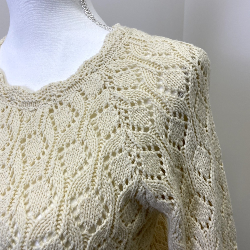 Marine Layer Cream Pointelle Knit Drawstring Sweater XS Diamond Open Knit Boho - Picture 2 of 14